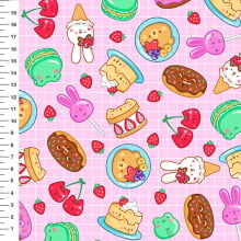 Sintético Doll Doces Kawaii Fundo Lilás - Meia Tigela 50cm x 1,36mt