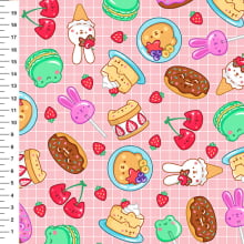 Sintético Doll Doces Kawaii Fundo Rosa - Meia Tigela 50cm x 1,36mt