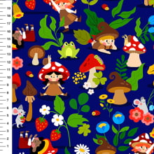 Sintético Doll Duendes dos Cogumelos Fundo Azul Marinho - Meia Tigela 50cm x 1,36mt