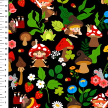 Sintético Doll Duendes dos Cogumelos Fundo Preto - Meia Tigela 50cm x 1,36mt
