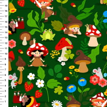 Sintético Doll Duendes dos Cogumelos Fundo Verde Escuro - Meia Tigela 50cm x 1,36mt