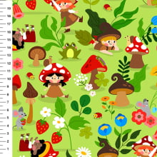 Sintético Doll Duendes dos Cogumelos Fundo Verde Limão - Meia Tigela 50cm x 1,36mt