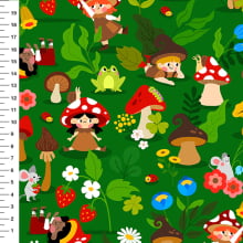 Sintético Doll Duendes dos Cogumelos Fundo Verde - Meia Tigela 50cm x 1,36mt