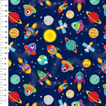 Sintético Doll Espaço Foguetes Fundo Azul Marinho - Meia Tigela 50cm x 1,36mt