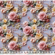 Sintético Doll Floral 3D Rosa e Amarelo fundo Lilás 50cm x 1,36mt