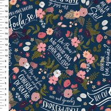 Sintético Doll Floral Frases Adultas Fundo Azul Marinho - Meia Tigela 50cm x 1,36mt
