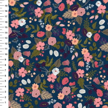 Sintético Doll Floral Vintage Fundo Azul Marinho - Meia Tigela 50cm x 1,36mt