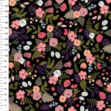 Sintético Doll Floral Vintage Fundo Preto - Meia Tigela 50cm x 1,36mt