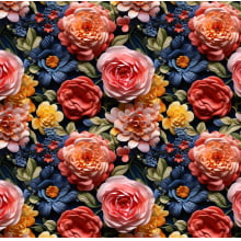 SIntético Doll Flores 3D Fundo Preto 50cm x 1,36mt