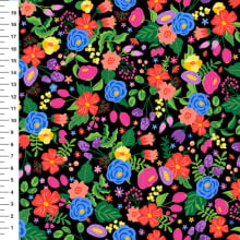 Sintético Doll Flores Coloridas Fundo Preto - Meia Tigela 50cm x 1,36mt