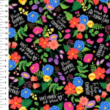 Sintético Doll Flores com Frases Fundo Preto - Meia Tigela 50cm x 1,36mt Sintético Doll Flores com Frases Fundo Preto - Meia Tigela 50cm x 1,36mt