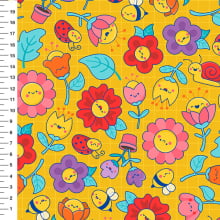 Sintético Doll Flores Kawaii Fundo Amarelo - Meia Tigela 50cm x 1,36mt