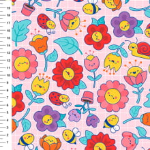 Sintético Doll Flores Kawaii Fundo Rosa Claro - Meia Tigela 50cm x 1,36mt