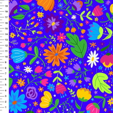 Sintético Doll Flores Naif Fundo Azul - Meia Tigela 50cm x 1,36mt