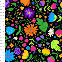 Sintético Doll Flores Naif Fundo Preto - Meia Tigela 50cm x 1,36mt
