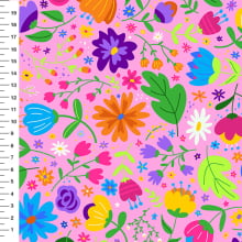 Sintético Doll Flores Naif Fundo Rosa - Meia Tigela 50cm x 1,36mt