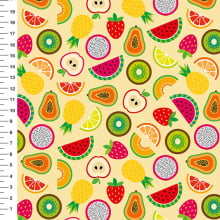 Sintético Doll Frutas Tropicais Fundo Amarelo - Meia Tigela 50cm x 1,36mt