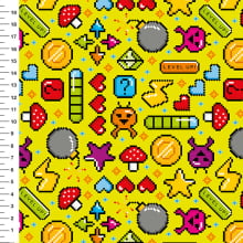 Sintético Doll Games Pixel Level Up Fundo Amarelo - Meia Tigela 50cm x 1,36mt
