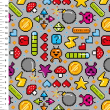Sintético Doll Games Pixel Level Up Fundo Cinza - Meia Tigela 50cm x 1,36mt