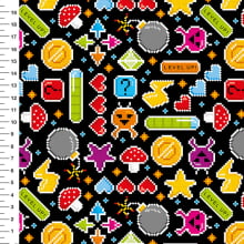 Sintético Doll Games Pixel Level Up Fundo Preto - Meia Tigela 50cm x 1,36mt