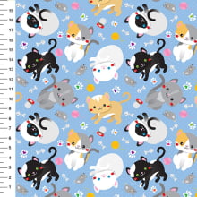 Sintético Doll Gatinhos Brincalhões Fundo Azul - Meia Tigela 50cm x 1,36mt