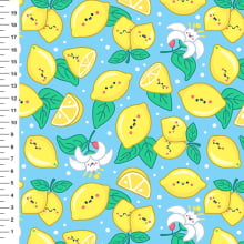 Sintético Doll Limões Kawaii Fundo Azul Claro - Meia Tigela 50cm x 1,36mt Sintético Doll Limões Kawaii Fundo Azul Claro - Meia Tigela 50cm x 1,36mt