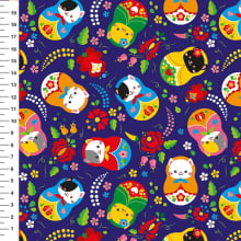 Sintético Doll Matrioska Gatinhos Fundo Azul Marinho - Meia Tigela 50cm x 1,36mt Sintético Doll Matrioska Gatinhos Fundo Azul Marinho - Meia Tigela 50cm x 1,36mt
