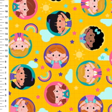 Sintético Doll Meninas Arco-Íris Círculos Fundo Amarelo - Meia Tigela 50cm x 1,36mt Sintético Doll Meninas Arco-Íris Círculos Fundo Amarelo - Meia Tigela 50cm x 1,36mt