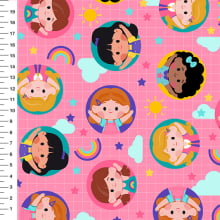 Sintético Doll Meninas Arco-Íris Círculos Fundo Rosa - Meia Tigela 50cm x 1,36mt Sintético Doll Meninas Arco-Íris Círculos Fundo Rosa - Meia Tigela 50cm x 1,36mt