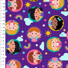 Sintético Doll Meninas Arco-Íris Círculos Fundo Roxo - Meia Tigela 50cm x 1,36mt Sintético Doll Meninas Arco-Íris Círculos Fundo Roxo - Meia Tigela 50cm x 1,36mt