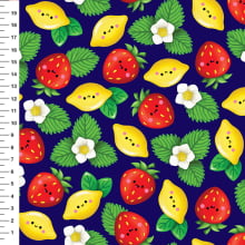Sintético Doll Morangos e Limões Fundo Azul Marinho - Meia Tigela 50cm x 1,36mt Sintético Doll Morangos e Limões Fundo Azul Marinho - Meia Tigela 50cm x 1,36mt