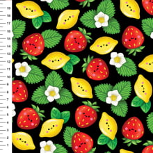 Sintético Doll Morangos e Limões Fundo Preto - Meia Tigela 50cm x 1,36mt Sintético Doll Morangos e Limões Fundo Preto - Meia Tigela 50cm x 1,36mt