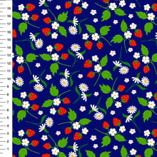 Sintético Doll Morangos e Margaridas Fundo Azul Marinho - Meia Tigela 50cm x 1,36mt Sintético Doll Morangos e Margaridas Fundo Azul Marinho - Meia Tigela 50cm x 1,36mt