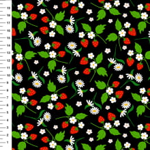 Sintético Doll Morangos e Margaridas Fundo Preto - Meia Tigela 50cm x 1,36mt Sintético Doll Morangos e Margaridas Fundo Preto - Meia Tigela 50cm x 1,36mt
