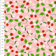 Sintético Doll Morangos e Margaridas Fundo Rosa Claro - Meia Tigela 50cm x 1,36mt Sintético Doll Morangos e Margaridas Fundo Rosa Claro - Meia Tigela 50cm x 1,36mt