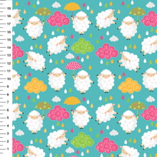 Sintético Doll Ovelhinhas Guarda-Chuva Fundo Verde Água - Meia Tigela 50cm x 1,36mt Sintético Doll Ovelhinhas Guarda-Chuva Fundo Verde Água - Meia Tigela 50cm x 1,36mt