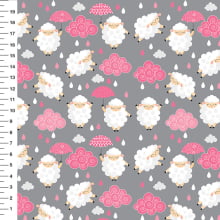 Sintético Doll Ovelhinhas Guarda-Chuva Rosa Fundo Cinza - Meia Tigela 50cm x 1,36mt Sintético Doll Ovelhinhas Guarda-Chuva Rosa Fundo Cinza - Meia Tigela 50cm x 1,36mt