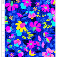 Sintético Doll Sarja Impermeável Floral Divertido Fundo Azul - Meia Tigela 50cm x 1,36mt Sintético Doll Sarja Impermeável Floral Divertido Fundo Azul - Meia Tigela 50cm x 1,36mt