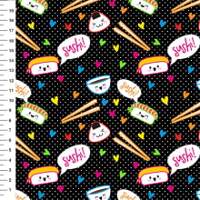 Sintético Doll Sushi Poá Fundo Preto - Meia Tigela 50cm x 1,36mt Sintético Doll Sushi Poá Fundo Preto - Meia Tigela 50cm x 1,36mt