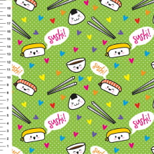 Sintético Doll Sushi Poá Fundo Verde - Meia Tigela 50cm x 1,36mt Sintético Doll Sushi Poá Fundo Verde - Meia Tigela 50cm x 1,36mt