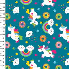 Sintético Doll Unicórnios Donuts Fundo Azul Petróleo - Meia Tigela 50cm x 1,36mt Sintético Doll Unicórnios Donuts Fundo Azul Petróleo - Meia Tigela 50cm x 1,36mt