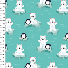 Sintético Doll Urso Polar e Pinguim Fundo Verde Água - Meia Tigela 50cm x 1,36mt Sintético Doll Urso Polar e Pinguim Fundo Verde Água - Meia Tigela 50cm x 1,36mt