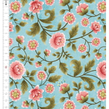 Tecido Tricoline Floral Salmão fundo azul claro - Cris de Marchi 9100e7374