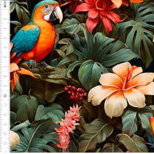 Tecido Sarja Impermeável Flores Arara 3D
