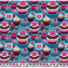 Tecido Tricoline CupCakes Bordados 1 3D Fundo Azul - 81378