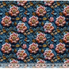 Tecido Tricoline Digital Flor Perolas Fundo Jeans - 95906