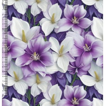 Tecido Tricoline Digital Flores Magnólias Lilás e Roxo