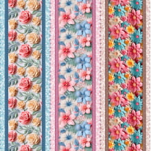 Tricoline Digital Barrado Flores 3D Faixa Azul e Rosa - 98878