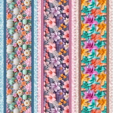 Tricoline Digital Barrado Flores 3D Faixa Azul e Rosa - 98878