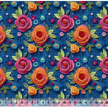 Tecido Sarja Impermeável Flores Perola Jeans 3D